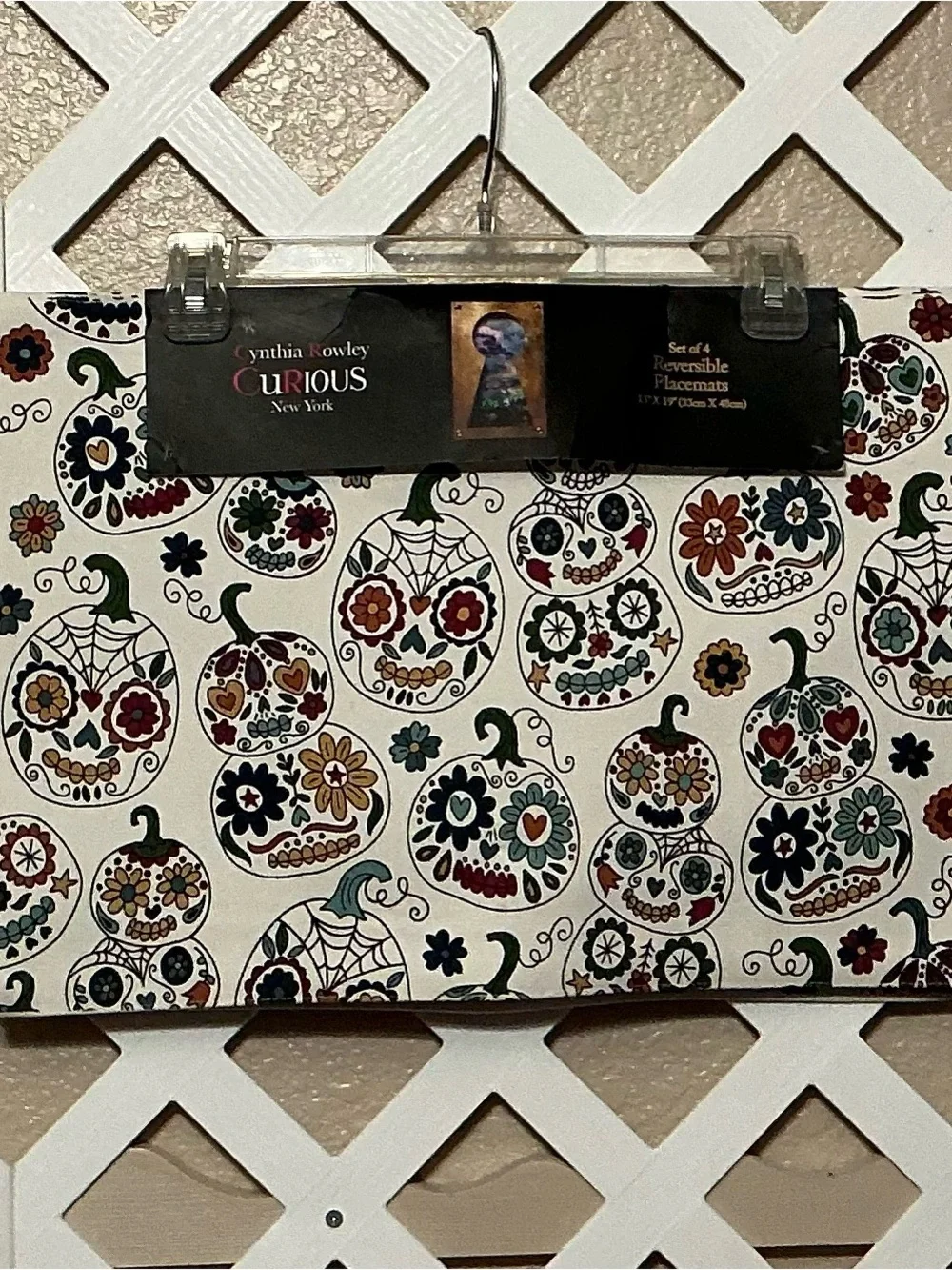 Cynthia Rowley Reversible Sugar Skull Pumpkins & Fall Stripes Placemat Set